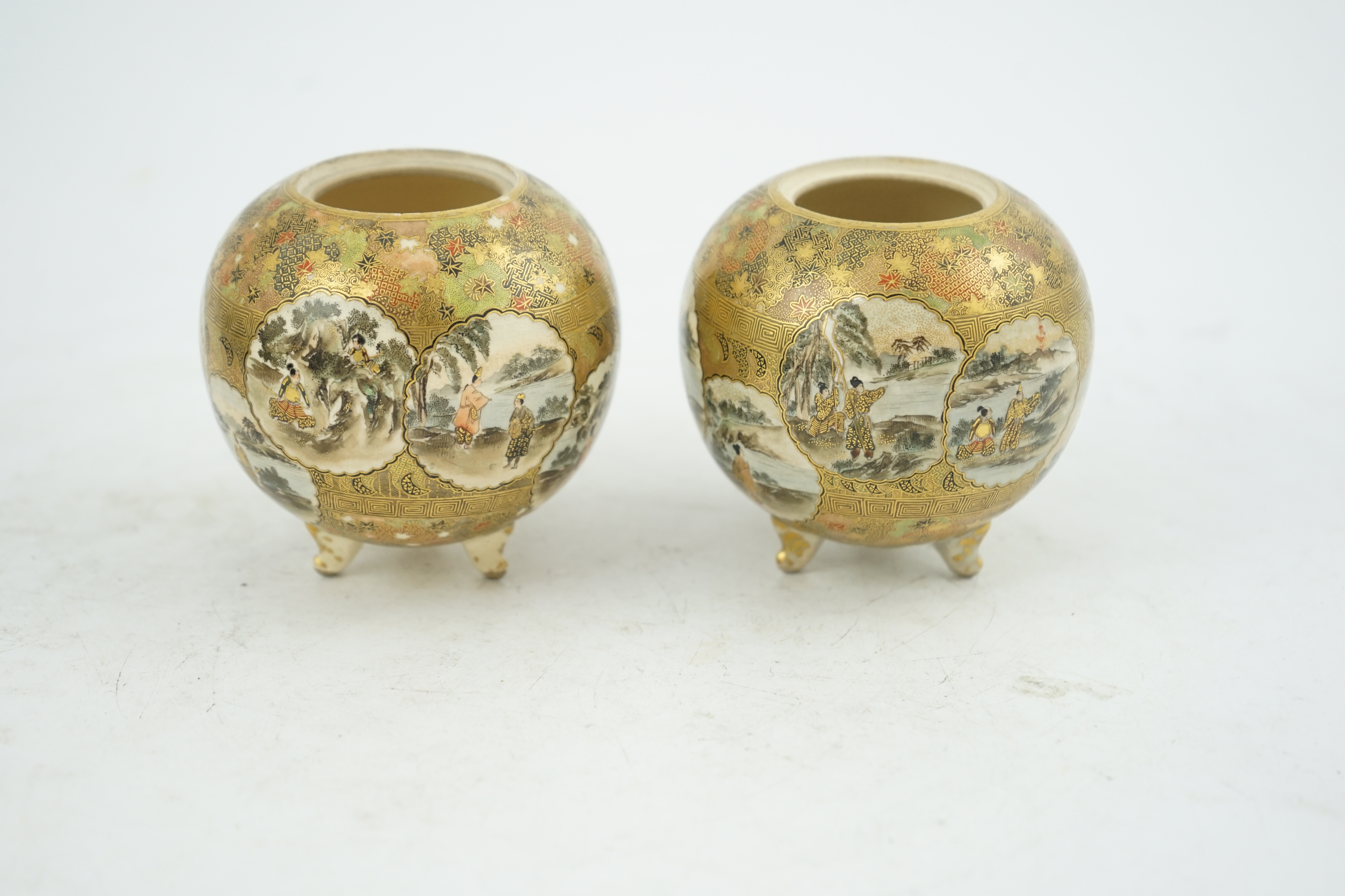 A pair of Japanese Satsuma globular koros, Meiji period